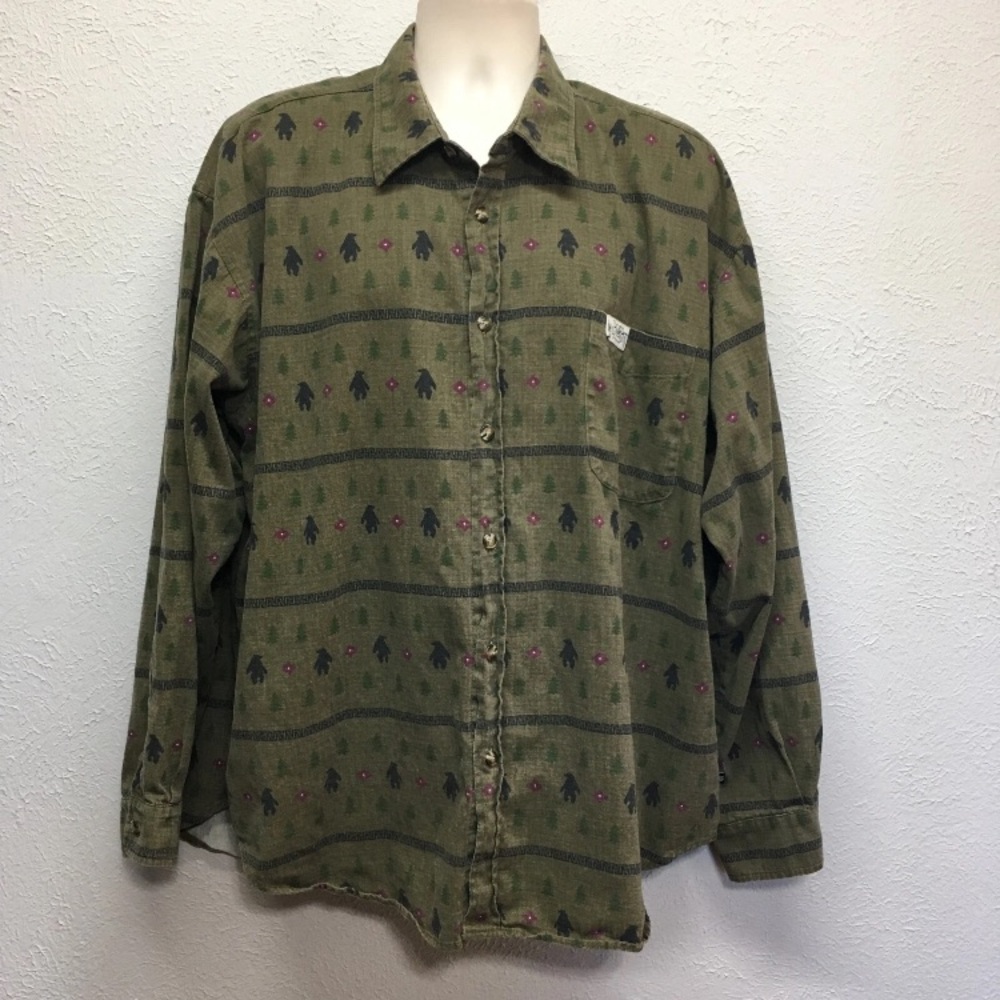 Vintage True Grit Shirt Mens XXL Green Bear Dance Long Sleeve‎ Button Cotton USA